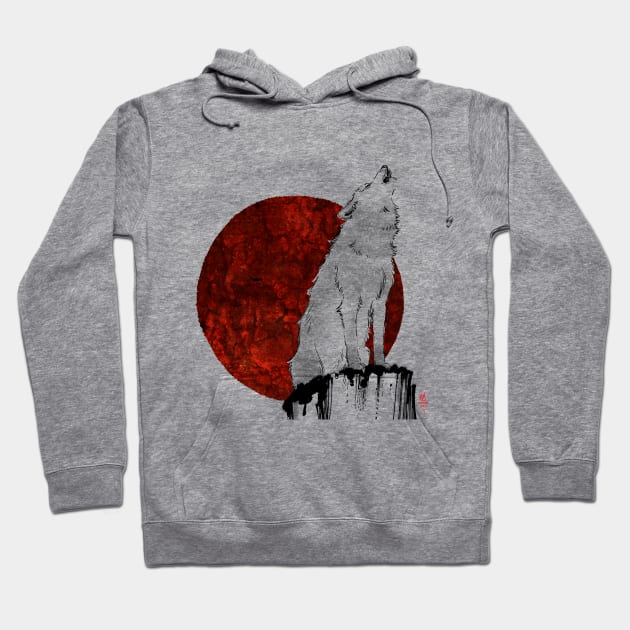 Wolf Red Moon Black line Hoodie by Valentina Wings